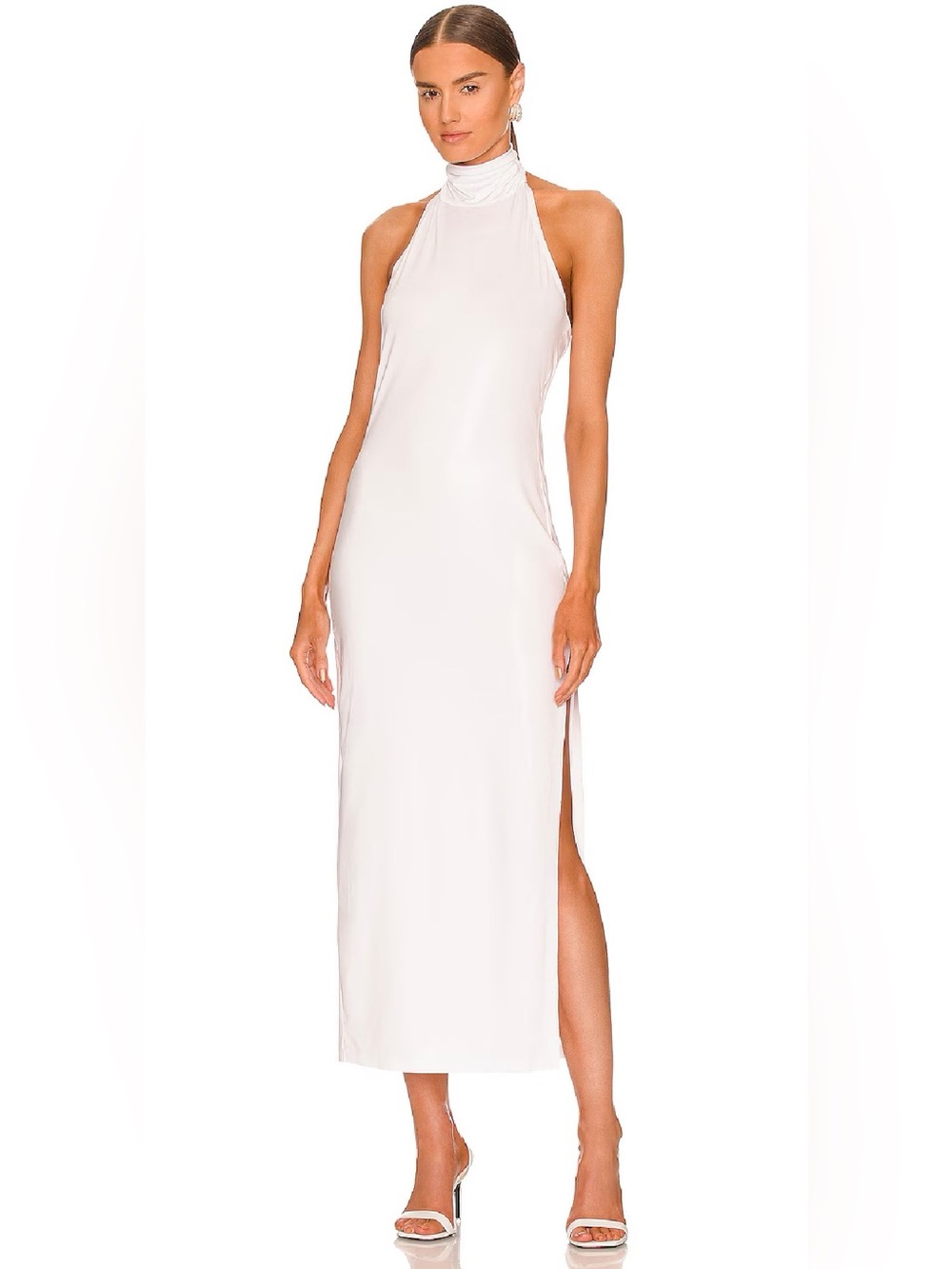 NWT Norma Kamali Halter Turtle Side Slit Gown White Lamé Metallic Size S/36
